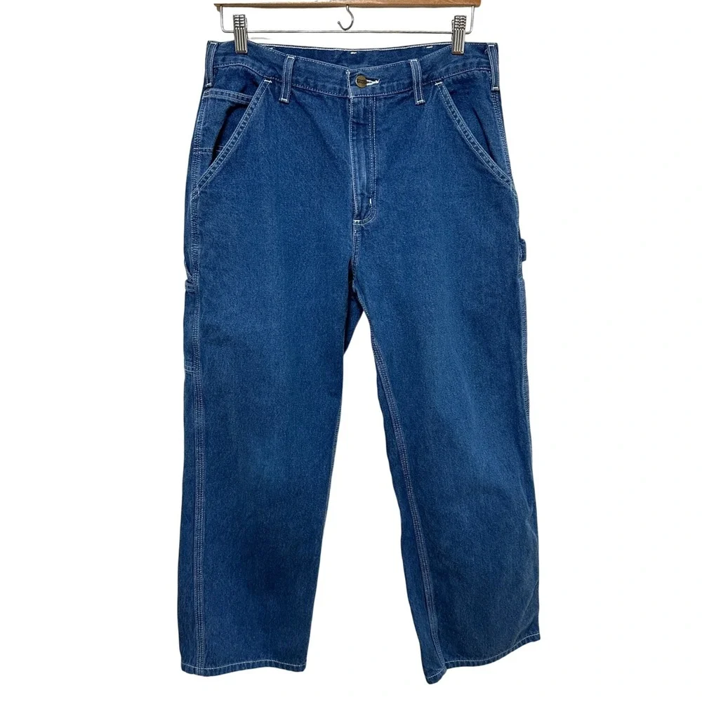 Carhartt Carpenter Jeans Men 33x27 Short Blue Denim Workwear Streetwear Dungaree